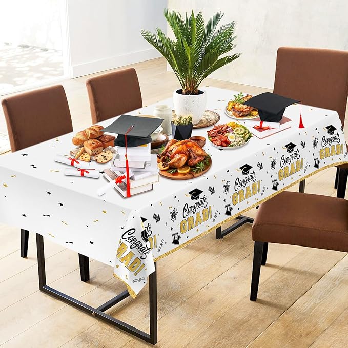 2 Pack White Graduation Tablecloth - Congrats Grad Table Cloths, Plastic Disposable Rectangle Class of 2026 Table Cover for Graduation Tables Decorations Party Decor Supplies Favors,108 x 54 Inch