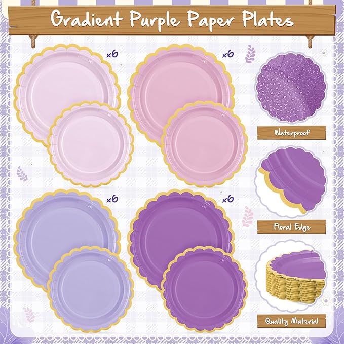 Mimorou 169 Pcs Purple Plates and Napkins Party Supplies for Guests Lavender Purple and Gold Tableware Include Scalloped Plates Paper Napkin Cup Spoon Fork Knife for Baby Shower, Wedding, Birthday