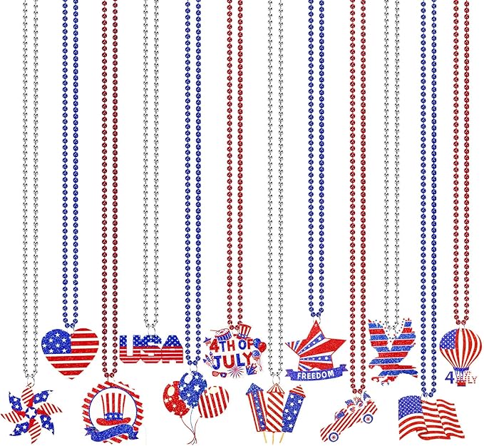 NOVWANG 24 Pcs Patriotic Beaded Necklaces Veterans Day Necklace Bulk with Felt Pendant in 12 Classic Styles for 4th of July Independence Day Memorial Day Veterans Day Party Supplies