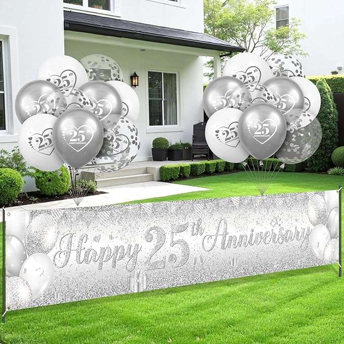 Silver 25th Wedding Anniversary Decorations for Men Women Silver Happy 25th Anniversary Banner and 18Pcs Balloons for 25 Years Wedding Party Decoration Supplies