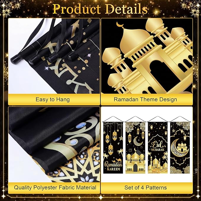 Panelee 4 Pcs Ramadan Mubarak Porch Sign Banners Black Gold Eid Mubarak Decorations Muslim Ramadan Kareem Door Banner Backdrop for Home Doorway Indoor Outdoor Wall Hanging Decor