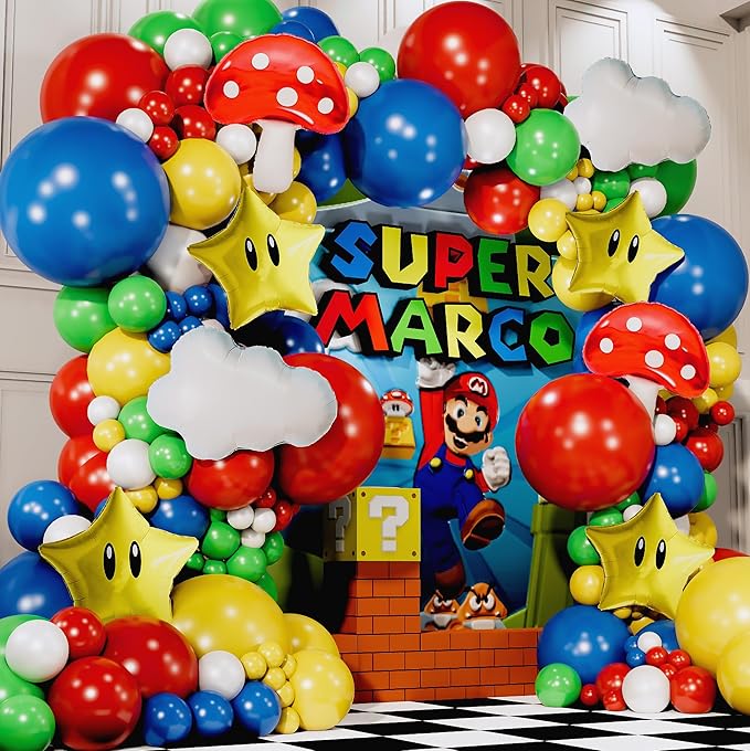 ALL-IN-1 Super Adventure Balloon Arch Kit with BONUS Mushroom, Cloud & Star Balloons for Bros Party Decorations - Red Blue Green Yellow Balloons for Video Game Birthday Decoration & Party Supplies
