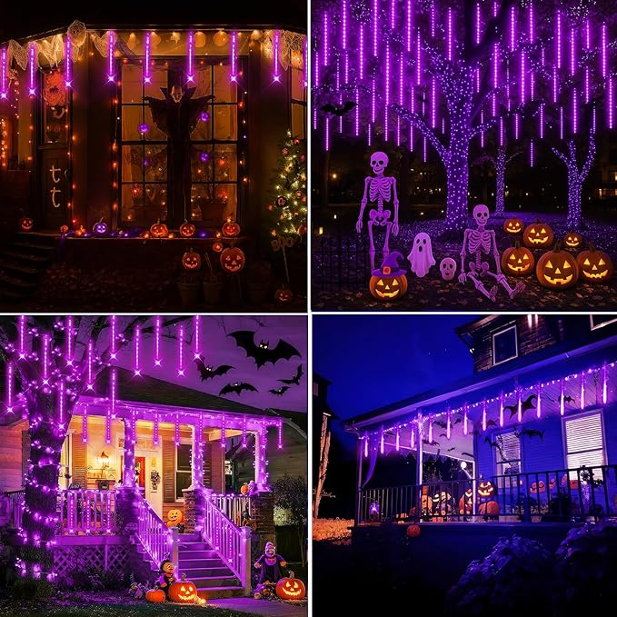 Christmas Decoration Outdoors - 32 Tubes Meteor Shower Lights, Waterproof Falling Rain Lights for Halloween Decor Xmas Tree Garden Yard Wedding Party, Purple