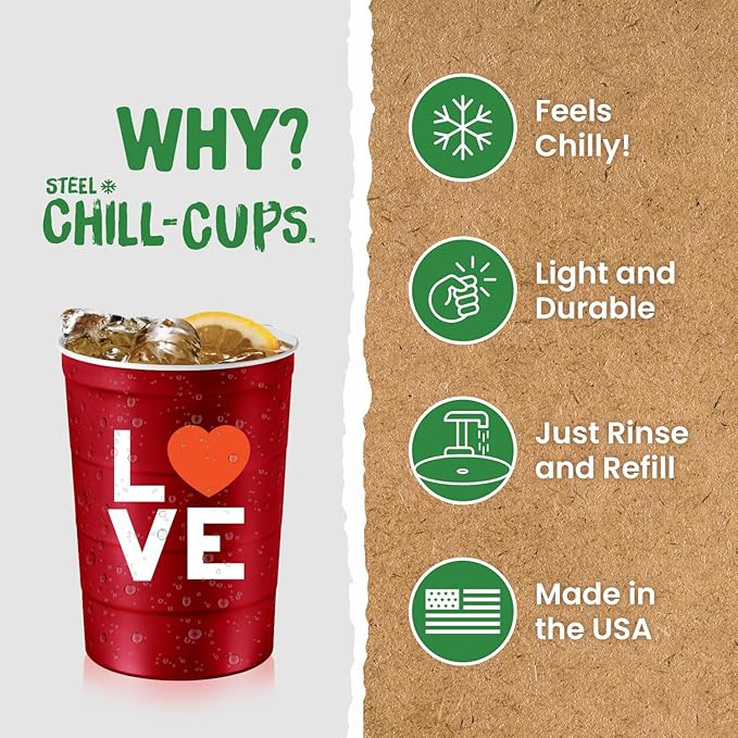 16 oz. Party Cup Love Heart Design for Cold Drinks, Durable, Disposable, Recyclable, Made in USA, Red, 12 Count