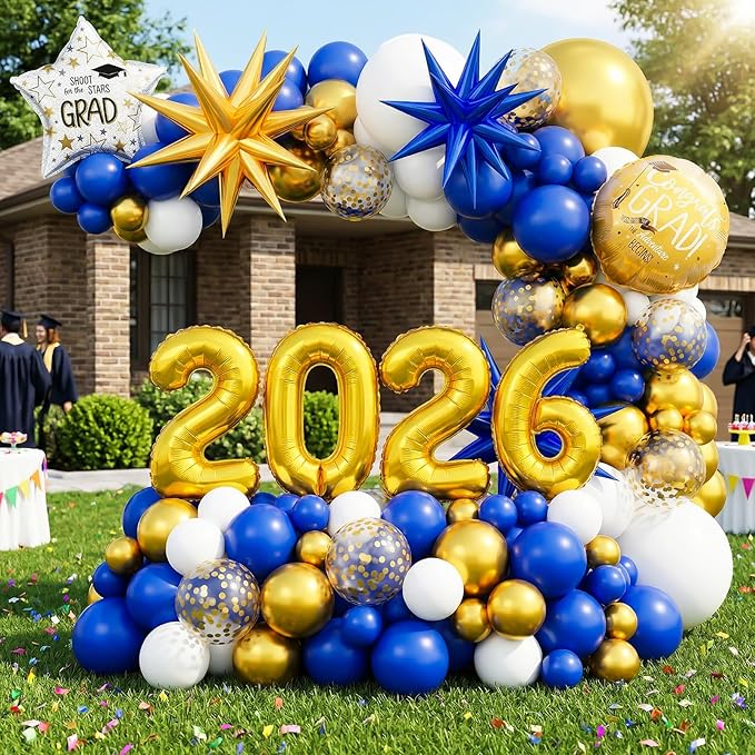 Graduation Balloons Garland Arch Kit, Graduation Balloons Class of 2026, Navy Blue and Gold White Latex Balloon with Foil Balloon for Class of 2026 Party Decor