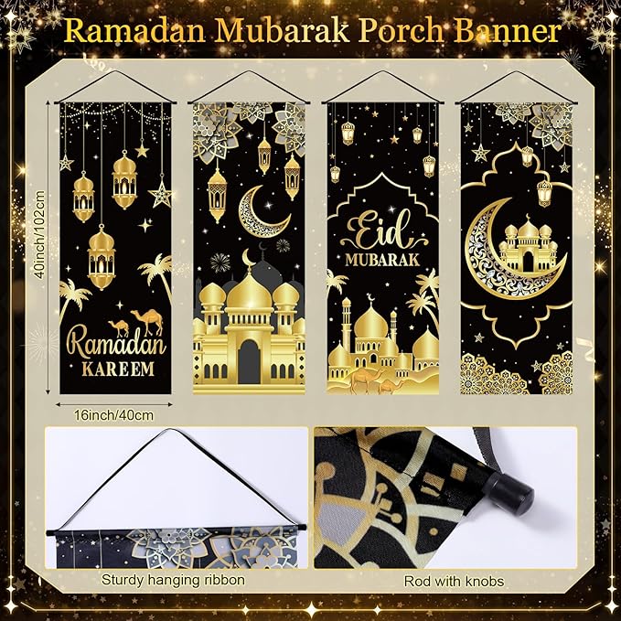 Panelee 4 Pcs Ramadan Mubarak Porch Sign Banners Black Gold Eid Mubarak Decorations Muslim Ramadan Kareem Door Banner Backdrop for Home Doorway Indoor Outdoor Wall Hanging Decor