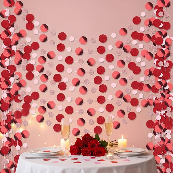 Outus 10 Pieces Red,Pink Round Dots Garland Easter Graduation Party Hanging Decor Each Length 13.1ft Glitter Paper Dot Streamers for Birthday Wedding Classroom