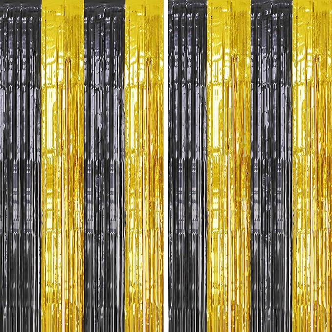 2 Pack Foil Fringe Backdrop - Black&Gold Shiny Tinsel Curtains for Party Decoration/Photo Booth Props - 3.3x6.6 FT Metallic Foil Backdrop for Birthday, Wedding, Graduation, Christmas.