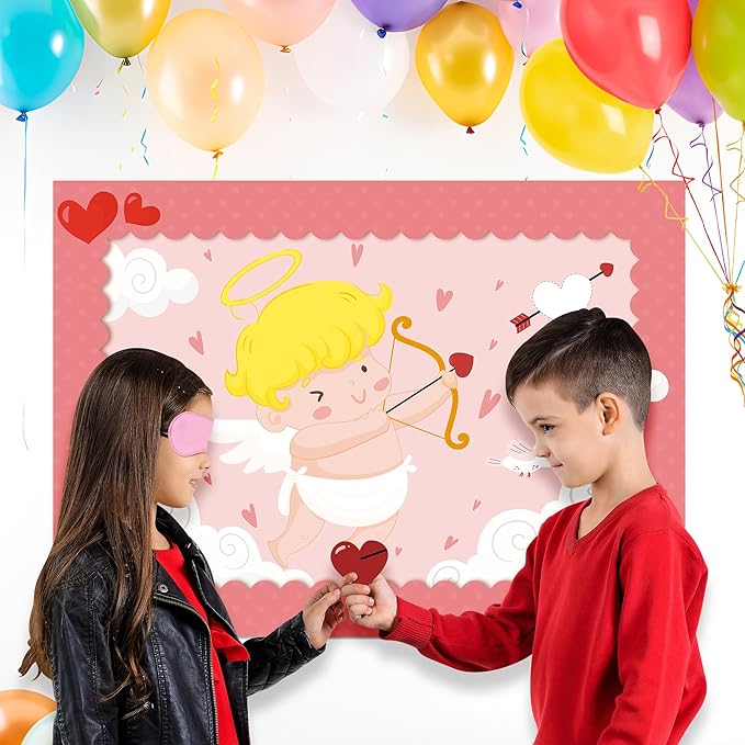 Pin The Heart On The Cupid Arrow Game Large Poster with 24 Pcs Stickers Fun Classroom Activity Party Decorations Wall Decor for Kids Birthday Baby Shower Couples Valentine’s Day