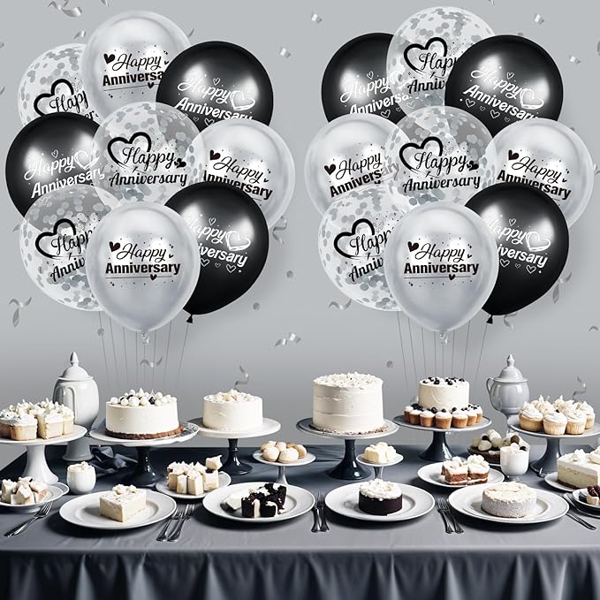Happy Anniversary Balloons 18Pcs Black Silver Party Decorations for Women Men 12Inch Metallic Confetti Balloons for Indoor Outdoor Party Supplies