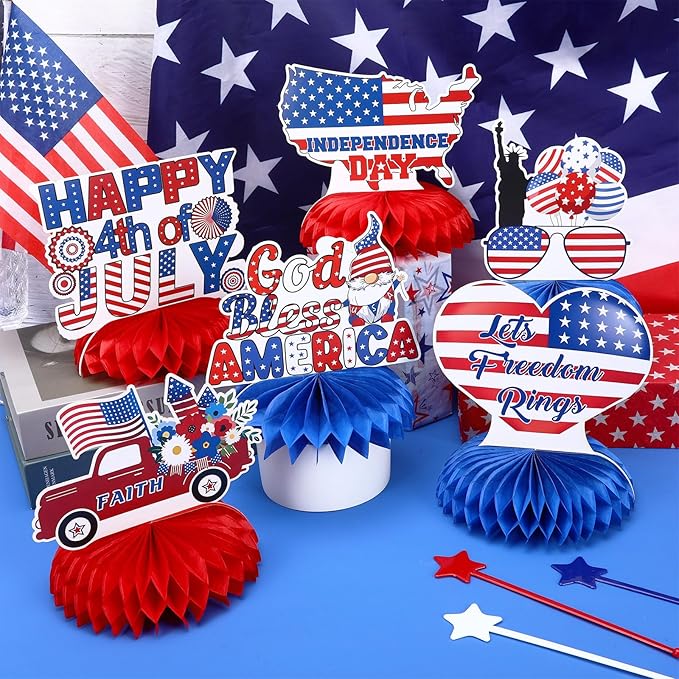 JULMELON 8PCS 4th of July Table Decorations Honeycomb Centerpieces, 3D Double Sided Fourth of July Centerpieces for Tables Patriotic Decor Independence Day Party Supplies