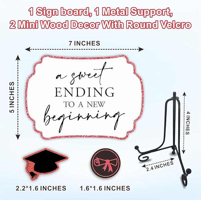 Red Graduation Wooden Buffet Sign - A Sweet Ending To A New Beginning - 5"X7" Candy Sign With 1 Metal Support，2 DIY Wood Decor With Velcro, Grad Party Decor & Supplies - B05