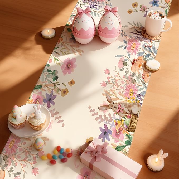 OHOME Easter Decorations - Egg Rabbit Table Runner | Easter Party Decorations Favors Supplies Indoor Outdoor - Spring Backdrop Banner Basket Stuffers for Kitchen Home Dining Table Decor