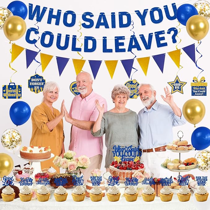 Roetyce Farewell Party Decorations, Gold and Blue Who Said You Could Leave Banner Cake Toppers Balloons Hanging Swirls, Going Away Retirement Leaving Party Decorations, Coworker Goodbye Party Supplies