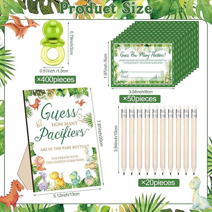 Syhood Dinosaur Baby Shower Game Guess How Many Pacifiers Games Sign 50 Small Guessing 20 HB Pencils 750 ml Milk Bottle 400 Acrylic Pacifiers Decorations Guests Gender Reveal Party Favors