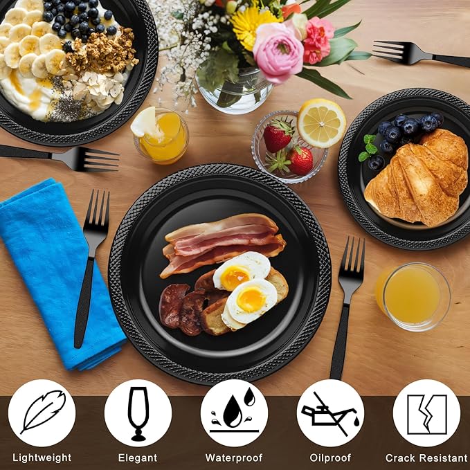 50Pcs Black 9 Inch Disposable Plastic Plates for Party, Black Party Plate Set for 50 Guests, Plastic Party Supplies Dinnerware for Graduation, Retirement, Birthday, BBQ