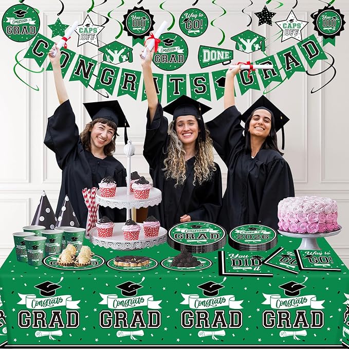 DAZONGE 2026 Graduation Decorations Green, 265pcs Graduation Party Decorations for 50 Guests, Disposable Class of 2026 Decorations Tableware Set, Plates, Napkins, Cups, Tablecloth, Hanging Swirls