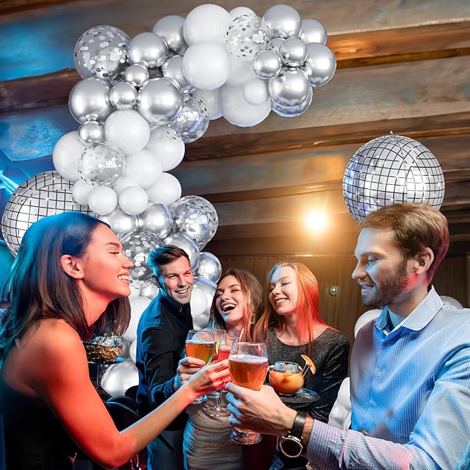 Disco Ball Arch Kit, White and Silver Balloon Garland With 22 Inches 4D Metallic Silver Mirror Balls, Confetti Balloons for Disco Party Decorations Halloween 80s 70s Decor Ornament