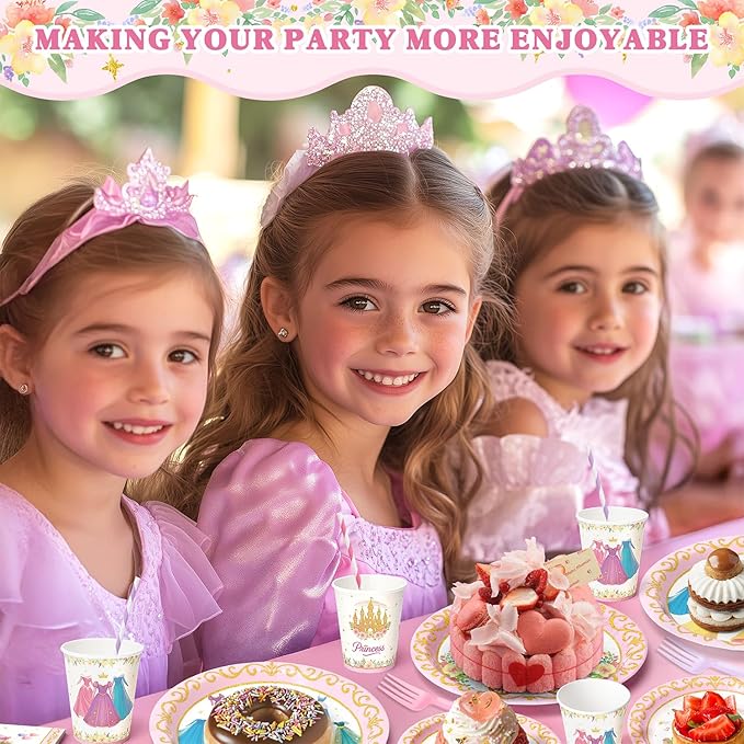 144 Pcs Princess Paper Plates Napkins, Birthday Party Supplies Include Forks Cups Straws, Summer Party Tableware Set for Kids, Serves 24 Guests