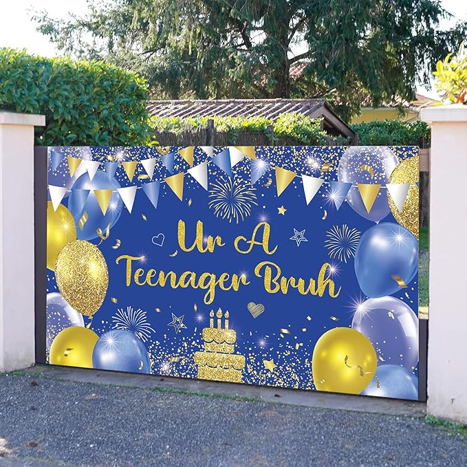 Blue Gold Ur A Teenager Bruh Banner Backdrop Photography Background Hanging 13th Happy Birthday Party Decoration for Bro I'm 13 Year Old Teen Bday Accessories Supplies 72.8 * 43.3in