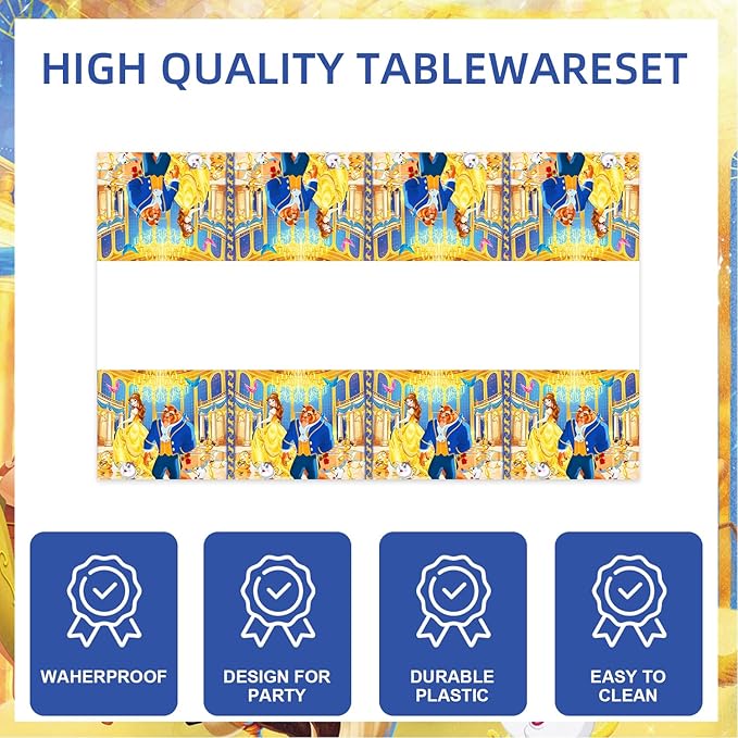 deenor 141pcs Beauty and The Beast Birthday Tableware Decorations Party Plates Cups Soccer Theme Napkins Beach Ball Tablecloth for Soccer Party Decoration (Beast)