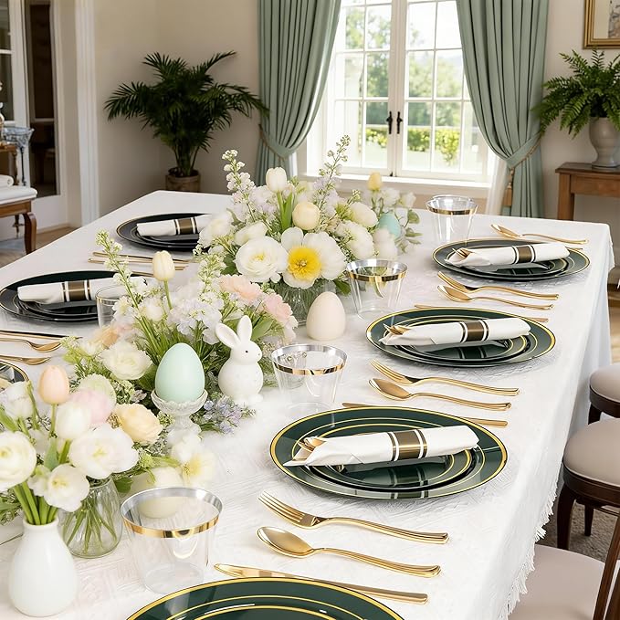 175PCS Green Plastic Plates - Green and Gold Disposable Plates 25Guests Plastic Plates with Rolled Napkins for Birthday/St. Patrick's Day/Easter