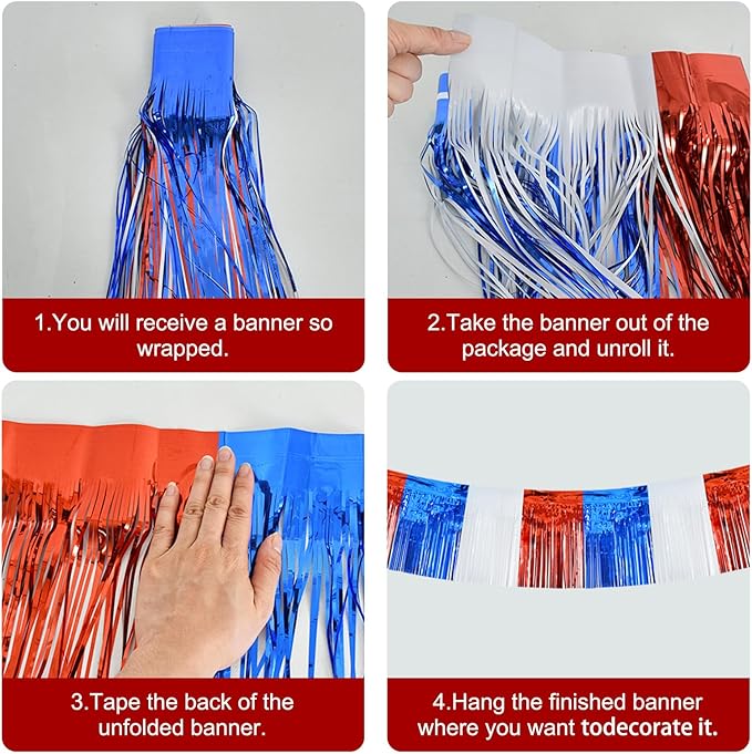 BEISHIDA 3 Packs Metallic Foil Fringe Garland Red White Blue Wall Hanging Tinsel Fringe Banners for Floats Birthday 4th of July Memorial Day Patriotic New Year Party Decoration(30 Feet)
