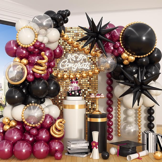 Black Burgundy Gold Balloon Arch Kit, Maroon Black Gold Balloons Garland, Clear White Red Metallic Balloons with Stars Balloon for Birthday Retirement Graduation Celebrations Class of 2025 Party Decor