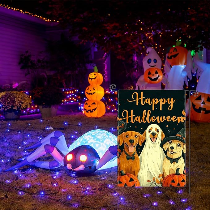 Fall Garden Flag for Outside, Happy Halloween Pumpkin Dog Garden Flags - 12x18 Inch Double Sided, Halloween Fall Decorations Outdoor, Burlap Halloweens Gardens Flag Decor for Outside Home, Falls Flags