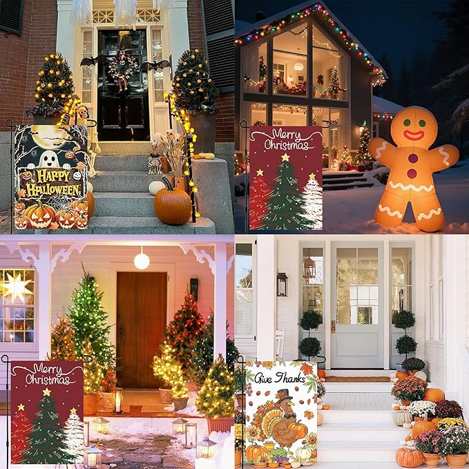 3pcs Happy Halloween Garden Flag Thanksgiving Christmas Garden Flags 12x18 Inch Double Sided Outside, Small Burlap Yard Lawn Decorations, Holiday Outdoor Decor