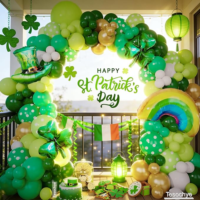 St. Patrick's Day Balloon Garland Arch Kit,Green Gold White Balloons Lucky Shamrock Clover Rainbow Hat Foil Balloons for Happy St. Patrick's Day Decorations Irish Festival Birthday Party Supplies