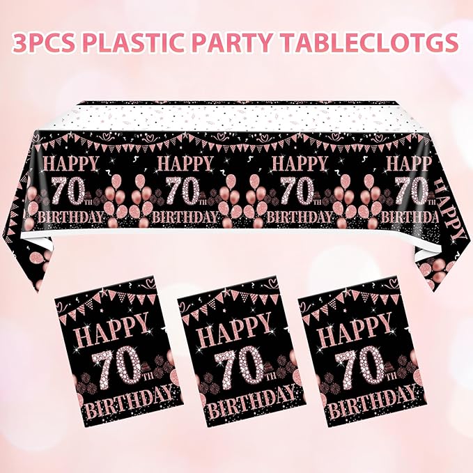 3 PCS 70th Birthday Tablecloth Decorations for Women Black and Rose Gold Theme Tablecloth Party Favors Seventy Years Old Plastic Disposable Rectangular Table Cloth Decor