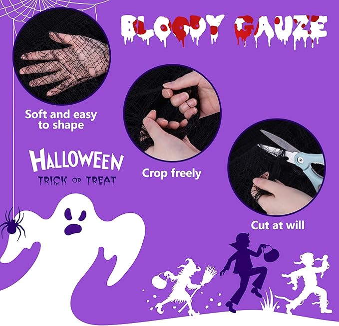 Watayo 196 x 39 Inch Halloween Spooky Cloth, Large Black Scary Creepy Gauze, Windows Entryways Cover Gauze for Halloween Party Outdoor Home Wall Decor Supplies