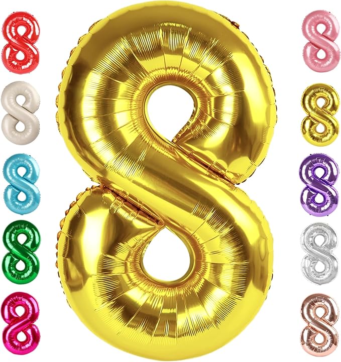40 Inch Number 8 Balloon, Gold 8 18 28 80 Birthday Balloons for Men Boys, 8th Birthday Decorations Party Supplies, Wedding, Graduations