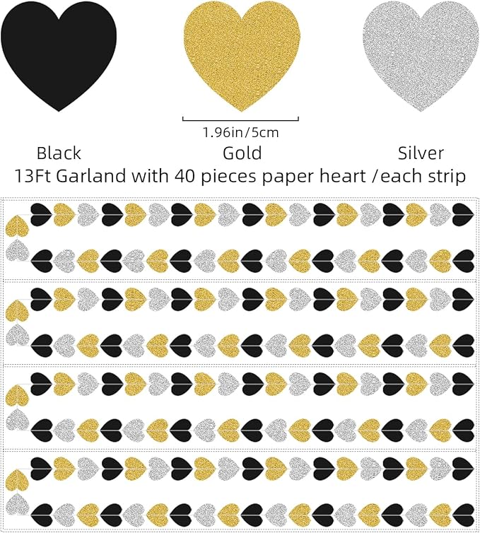 Silver Black Gold Party Decorations - 52Ft Paper Heart Garland Streamers Banner Birthday New Years Eve Retirement Graduation Anniversary Classroom Office Hanging Decor Supplies HongTongTong