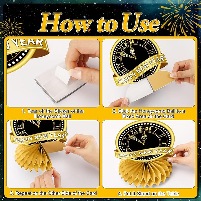 JULMELON Happy New Year Decorations 2026, 8 PCS New Years Honeycomb Centerpieces Table Decorations Black and Gold Table Toppers Decor for New Year Eve Party Supplies Favors