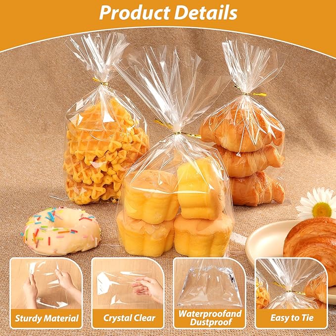 RICEDUO 100-Pack Cellophane Treat Bags with Twist Ties - 6x10 Inch Clear Party Favor Bags for Candy, Cookies, Birthday Goodies, Baby Showers & Holiday Gift Wrapping
