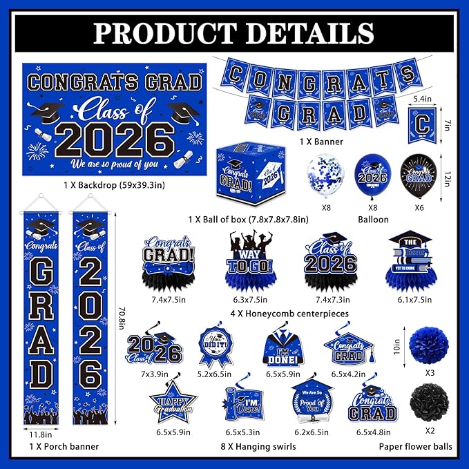 Graduation Decorations 2026 Blue Party Decor Set with Congrats Grad Banner, Class of 2026 Backdrop, Balloons, Box & Streamers Supplies for High School & College Celebrations