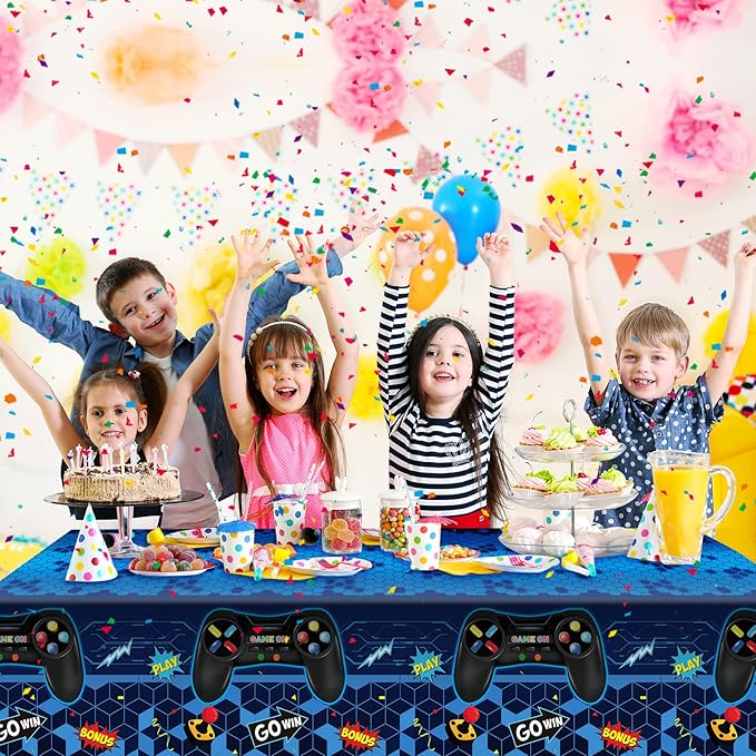 Tatuo 1 Pcs Video Game Table Cover, Game Theme Birthday Decoration Plastic Table Cloth Party Supplies for Boys Girls Kids Player Geek Party Decorations, 54 x 108 Inch (Blue)