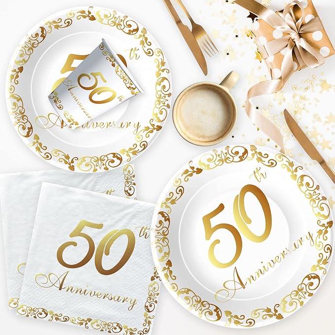 APOWBLS 50th Anniversary Decorations And Supplies Tableware - Golden 50th Wedding Anniversary Decorations Party Supplies, Paper Plate, Napkin, Tablecloth, Fork | Serves 24