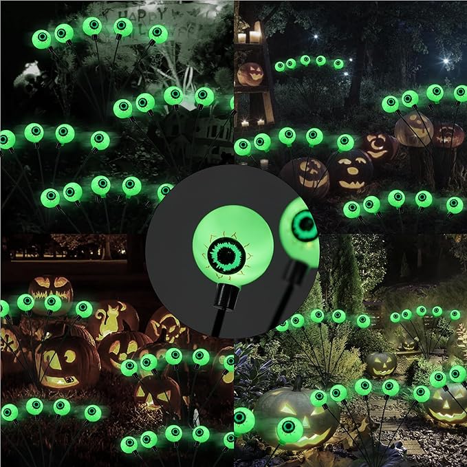 Dazzle Bright Halloween Decorations Outdoor, 2 Pack 12LED Solar Eyeball Pathway Lights, Scary Waterproof Solar Green Firefly Lights for Garden Lawn Yard Decor