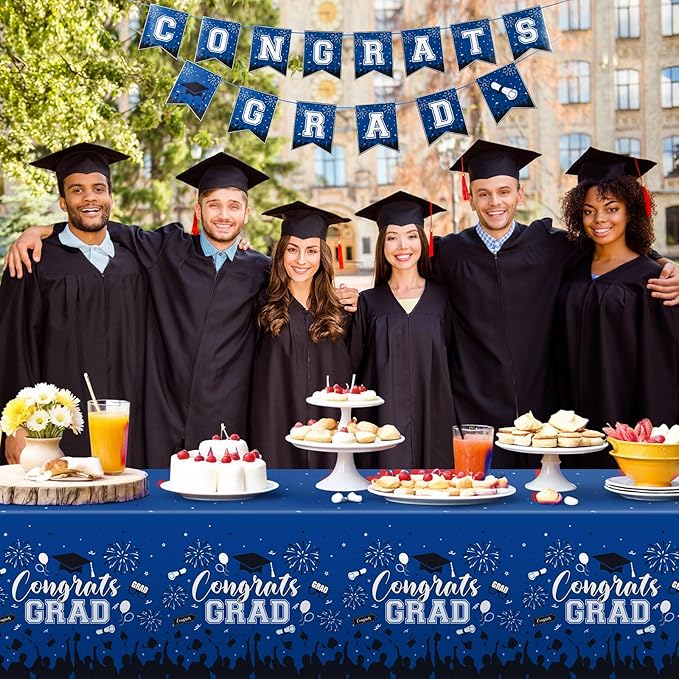 3 Pack Plastic Graduation Tablecloth, Graduation Decorations Class of 2026 Disposable Rectangle Blue Black Table Cover, 2026 Gongrats Grad Table Cloths for Graduation Party Decorations, 54x108