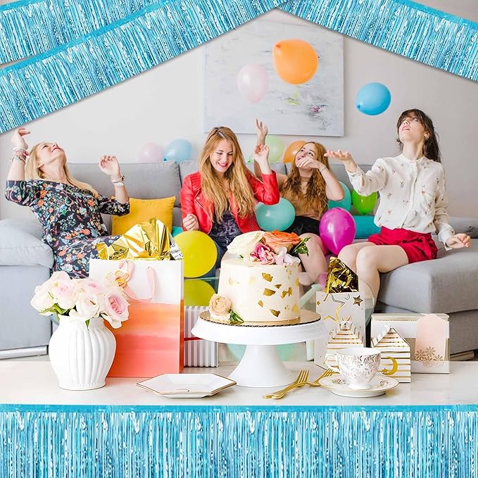 3 Pack 10 Ft Light Blue Foil Fringe Garland Metallic Streamers Tinsel Banner Wall Hanging Garland Backdrop for Parade Floats, Halloween, Christmas, Thanksgiving, New Year Party Decorations