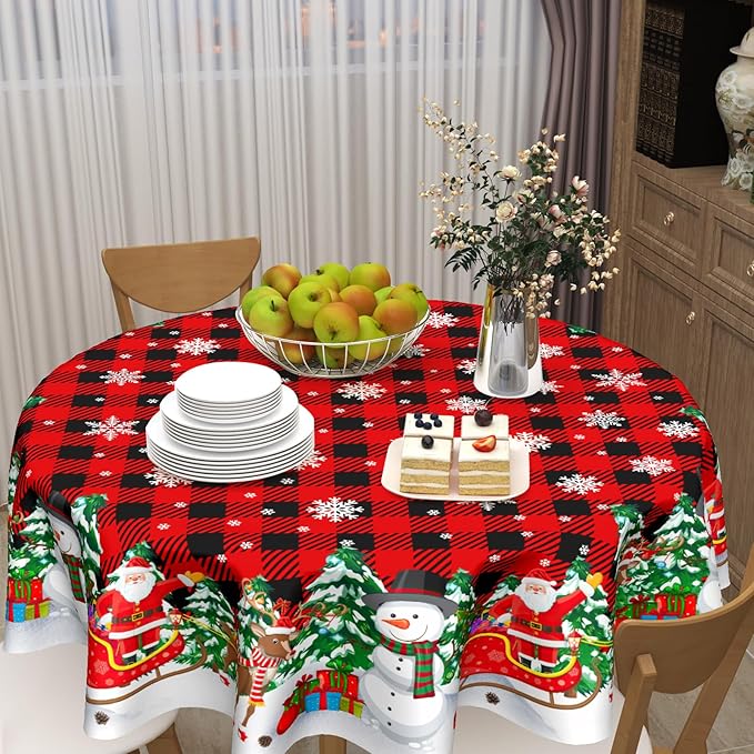 Christmas Tablecloth Round 60 Inch Black Red Buffalo Plaid Snowflake Winter Table Cloth Washable Snowman Christmas Table Cover for Kitchen Dinner Room Holiday Party Indoor Outdoor Home Decor