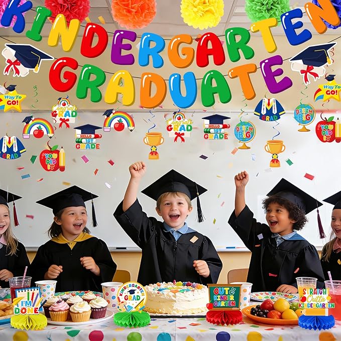 Preschool Graduation Decorations Set, Congrats Grad Decor Kit - 27 PCS with Banner, Pom Poms, Hanging Swirls & Centerpieces, Class of 2026 Party Supplies