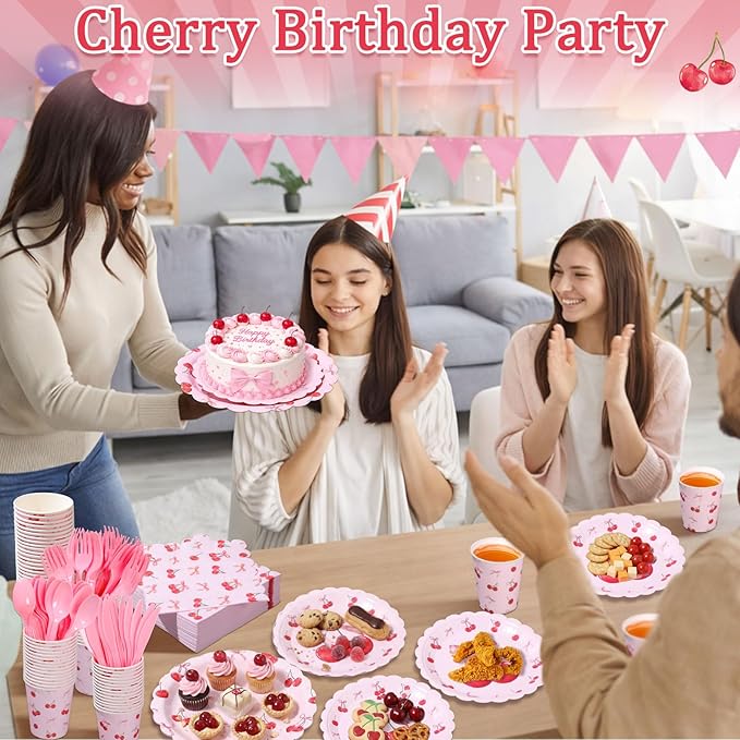 400 Pcs Cherry Birthday Party Decorations for 50 Guests, Red Pink Cherry Bow Scalloped Paper Plates Napkins Cups Cutlery for Pink Bow Coquette Baby Shower Bridal Shower Party Supply