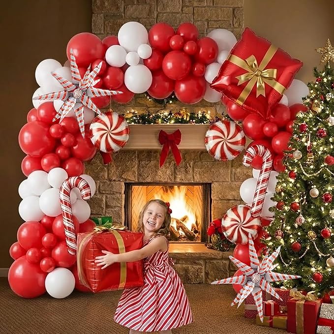Christmas Party Decorations with Red and White Balloon Arch Kit & Star Candy Canes Lollipops Gift Boxe Foil Balloons for xmas Friendsmas New Year's Eve Party Decorations
