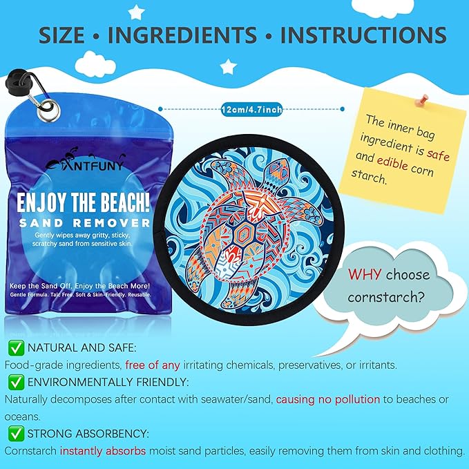 Sand Remover for Beach Cleaner Eraser Family Women Wipe Off Mitt Duster Brush Cup Holder Game Toy Cruise Ship Accessories Summer Vacation Must Have Trip Essential Honeymoon Gift Towel Sea Turtle