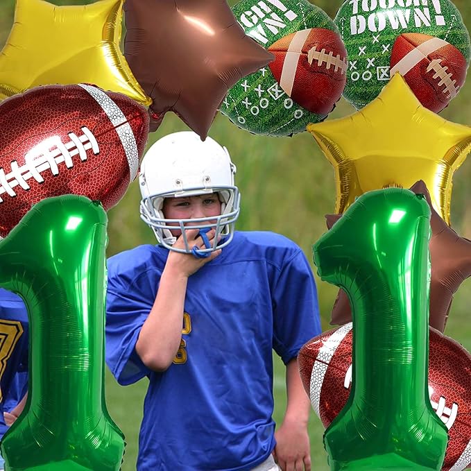Football Balloons Foil Football Birthday Decorations Balloons Green Number 11 Balloon Gold Brown Star Touchdown Ballons for Rugby Birthday Decorations Sports Ballons Arch Kits Party Balloon Sets 10pcs