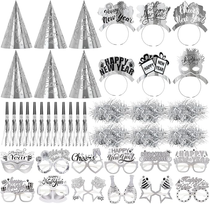 2026 Glitter NYE Party Supplies Decorations, 42pcs New Years Eve party Supplies kits Silver New Year Hats, Happy New Year Headbands, Glasses, Noisemaker, wreath for happy new year